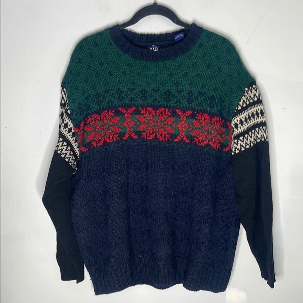 GAP Vintage Holiday Sweater Shetland Wool with Snowflake Pattern Size Large